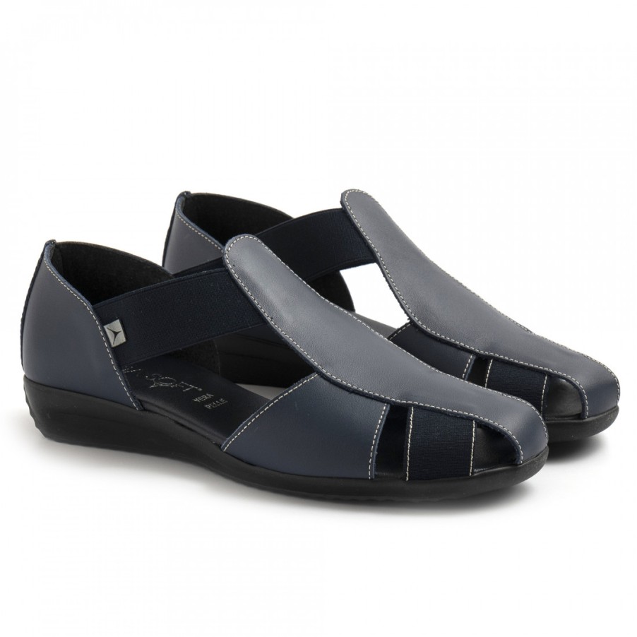 Frauen SANGIORGIO Sandalen | Cinzia Soft Damenschuh Aus Blauem Leder Und Gummizug