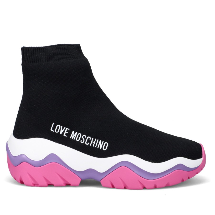 Frauen SANGIORGIO Turnschuhe | Love Moschino Roller Schwarzer Socken-Sneaker Mit Rosa Und Lila Sohle