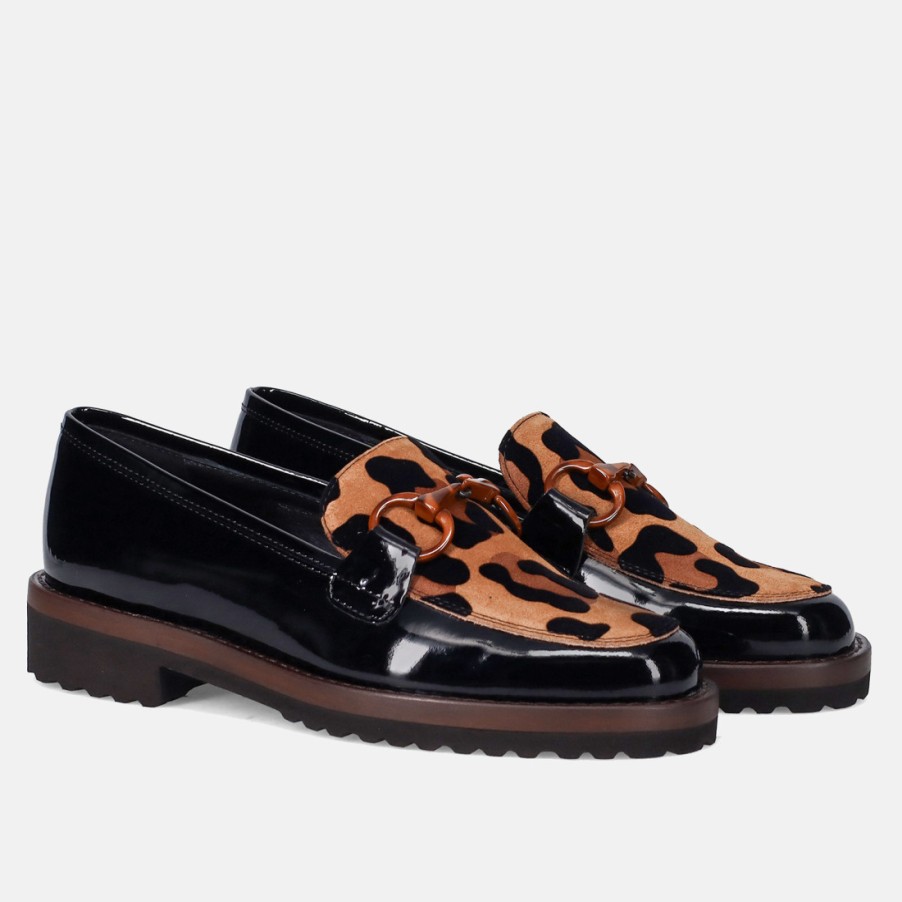 Frauen SANGIORGIO Slipper | Luca Grossi Mokassin Aus Schwarzem Lackleder Und Animalier-Ponyhaar