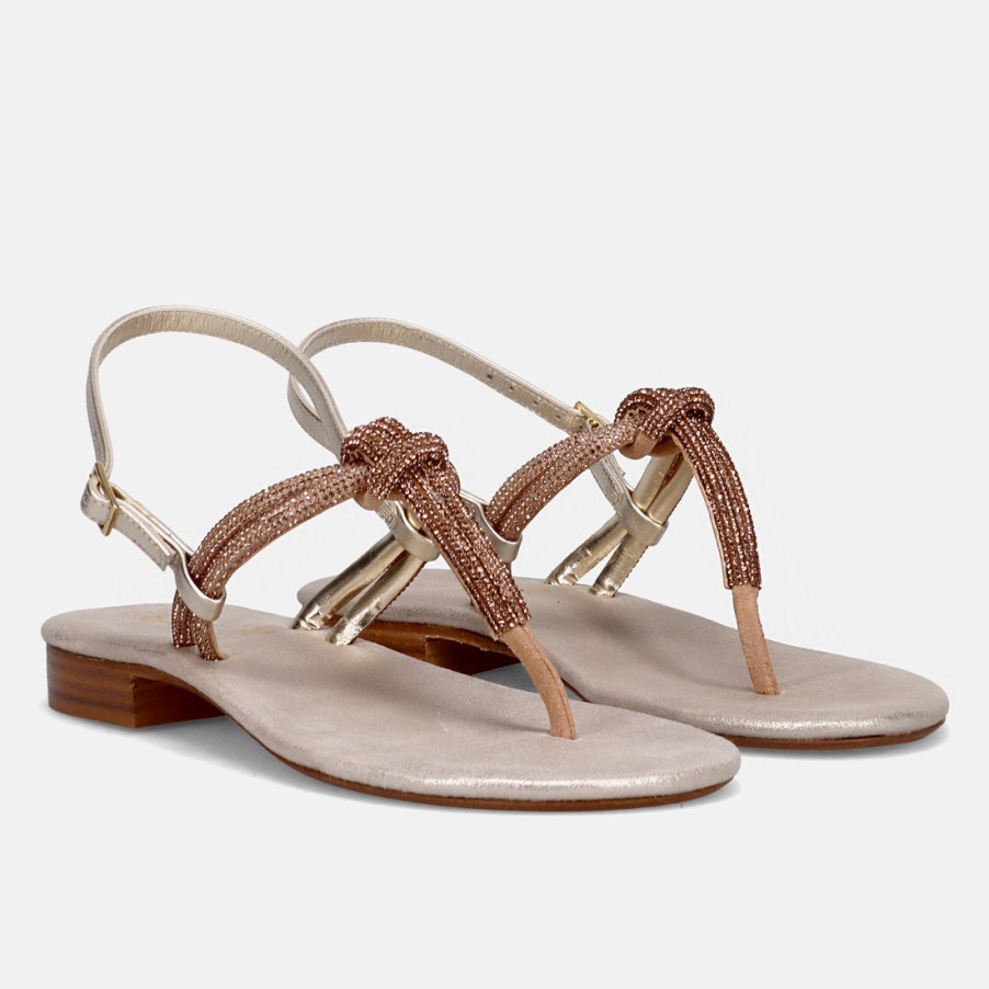 Frauen SANGIORGIO Sandalen | Positano Jewel Zehenstegsandale Aus Platinfarbenem Leder Mit Strasssteinen