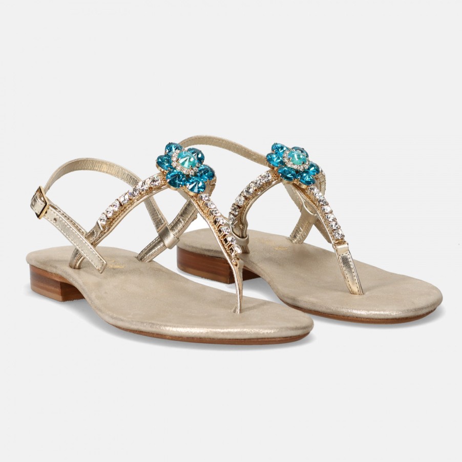 Frauen SANGIORGIO Sandalen | Positano Platinum Thong Jewel Sandale Mit Turkisfarbenen Strasssteinen